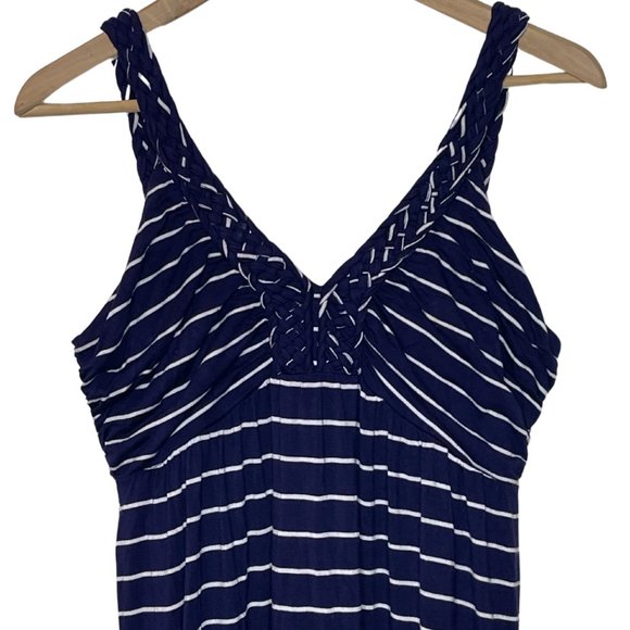 ๐ DESIGN HISTORY | Blue and White Striped Maxi Dress with Braided Neckline | L - Picture 4 of 10